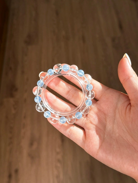 Natural Aquamarine &amp; Clear Quartz Bracelet 天然海蓝宝白水晶单圈手串