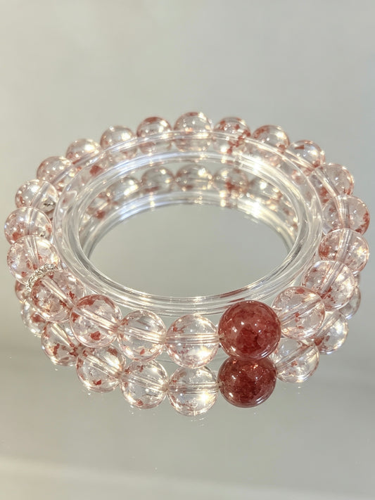 Natural Clear Quartz Bracelet With Cinnabar Accent | 天然白水晶朱砂点缀圆珠手链