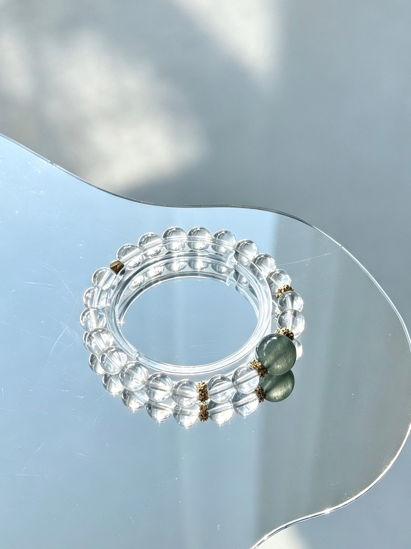 Natural Clear Quartz Bracelet With Green Jade Accent | Natural White Crystal and Hetian Jasper Beaded Bracelet