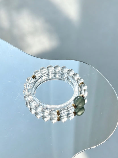 Natural Clear Quartz Bracelet With Green Jade Accent | Natural White Crystal and Hetian Jasper Beaded Bracelet