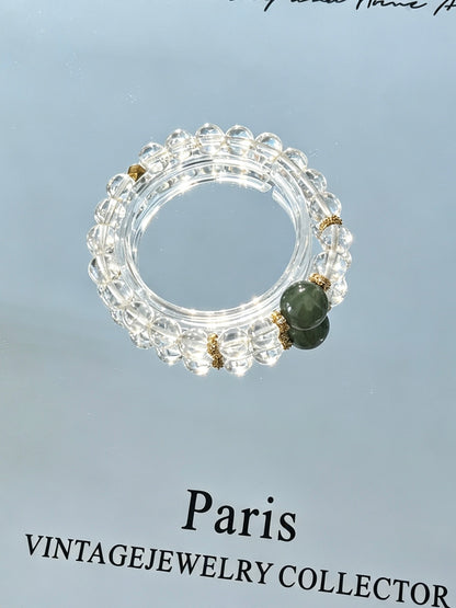 Natural Clear Quartz Bracelet With Green Jade Accent | Natural White Crystal and Hetian Jasper Beaded Bracelet