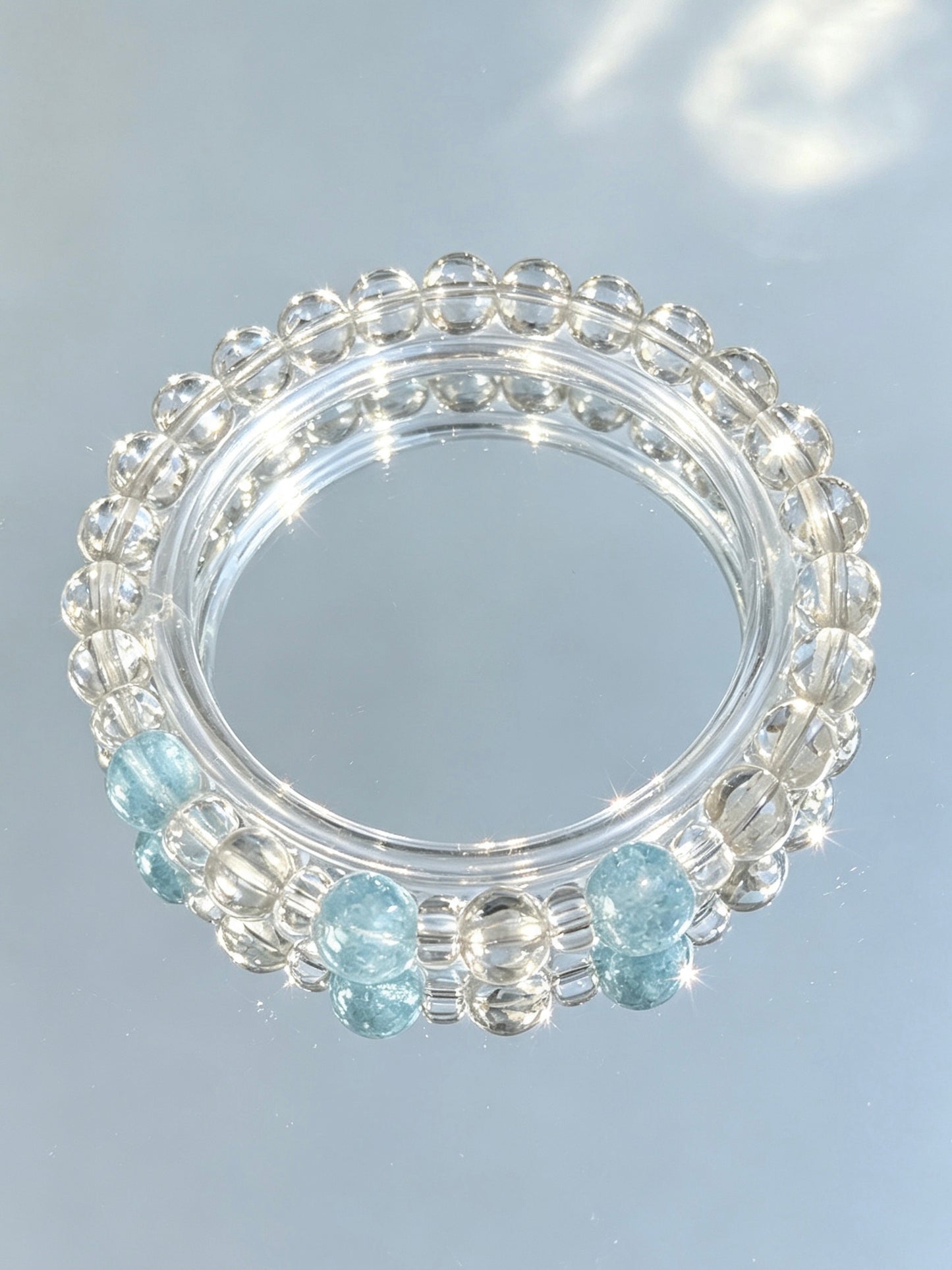 Natural Clear Quartz Bracelet With Aquamarine Beads | 天然白水晶海蓝宝圆珠手链