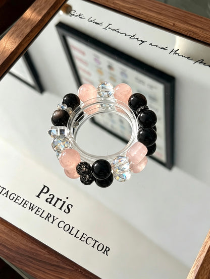 Natural Obsidian, Rose Quartz, Black Rutilated Quartz & Clear Quartz Bracelet 天然黑曜石粉水晶黑发晶白水晶单圈手串