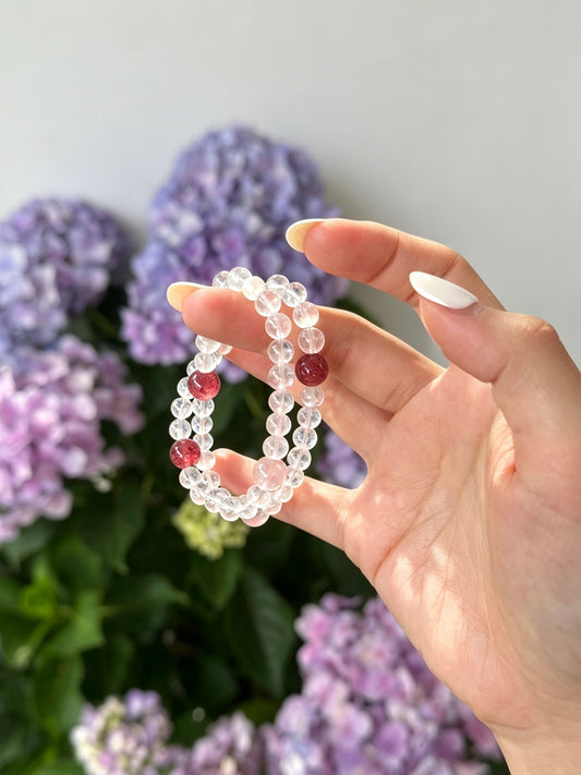 Natural Clear Quartz, Rose Quartz &amp; Strawberry Quartz Loop Bracelet 天然白水晶粉水晶草莓晶手串