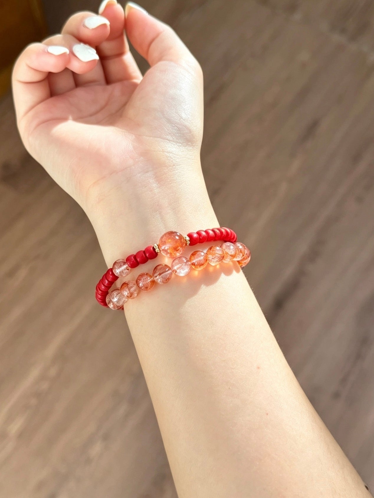 Natural Red Hematoid Quartz &amp; Cinnabar Three-Loop Bracelet 天然红胶花水晶朱砂三圈手串