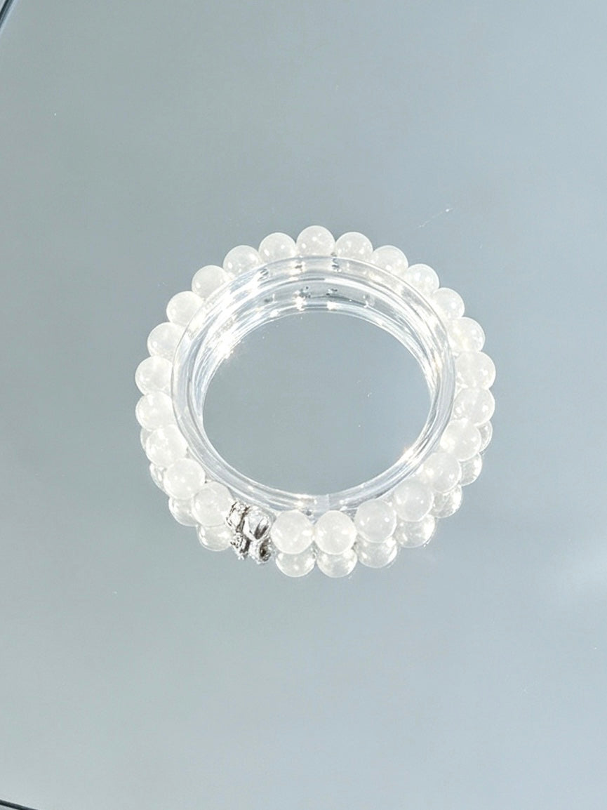 Natural White Rutilated Quartz Bracelet With Silver Accent | 天然白兔毛水晶银饰圆珠手链