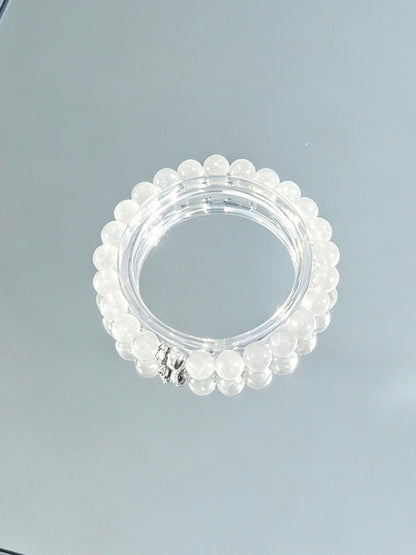 Natural White Rutilated Quartz Bracelet With Silver Accent | 天然白兔毛水晶银饰圆珠手链