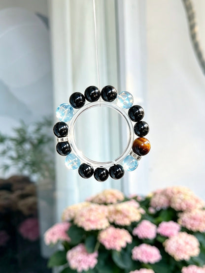 Natural Obsidian, Aquamarine, Tiger’s Eye &amp; Clear Quartz Bracelet 天然黑曜石海蓝宝黄虎眼白水晶手串