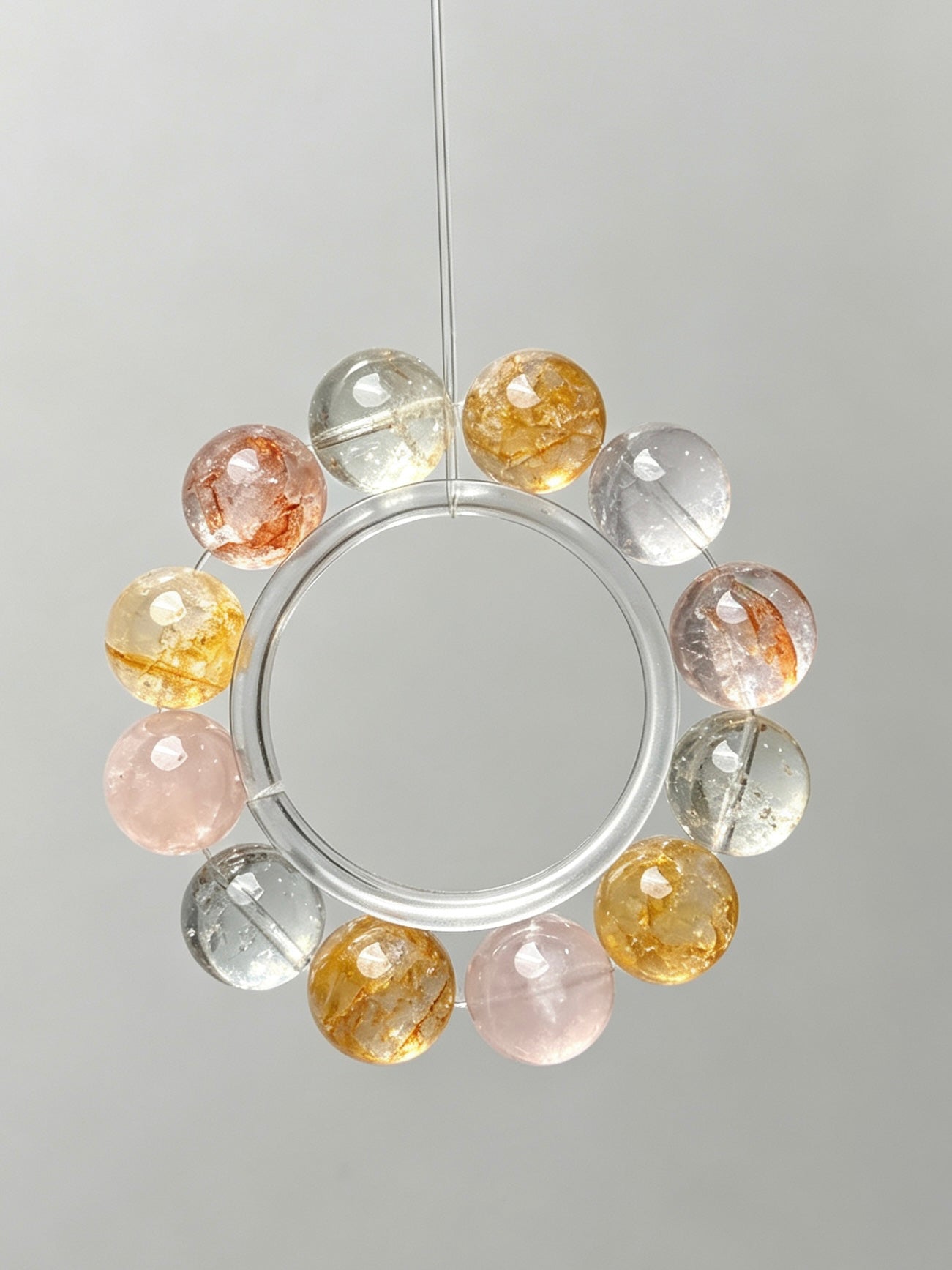 Natural Citrine, Rose Quartz & Red Hematoid Bracelet 天然黄水晶粉晶红胶花手串
