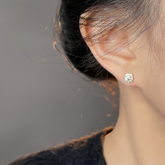 Light Luxury Cushion Halo Crystal Stud Earrings Model View