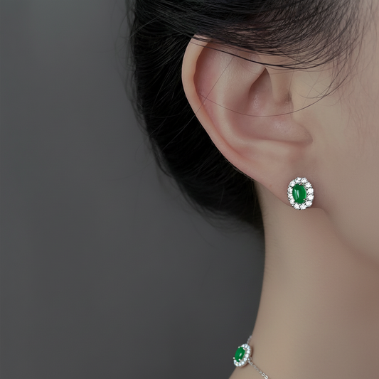 Light Luxury Emerald Green Oval Halo Crystal Stud Earrings Model View